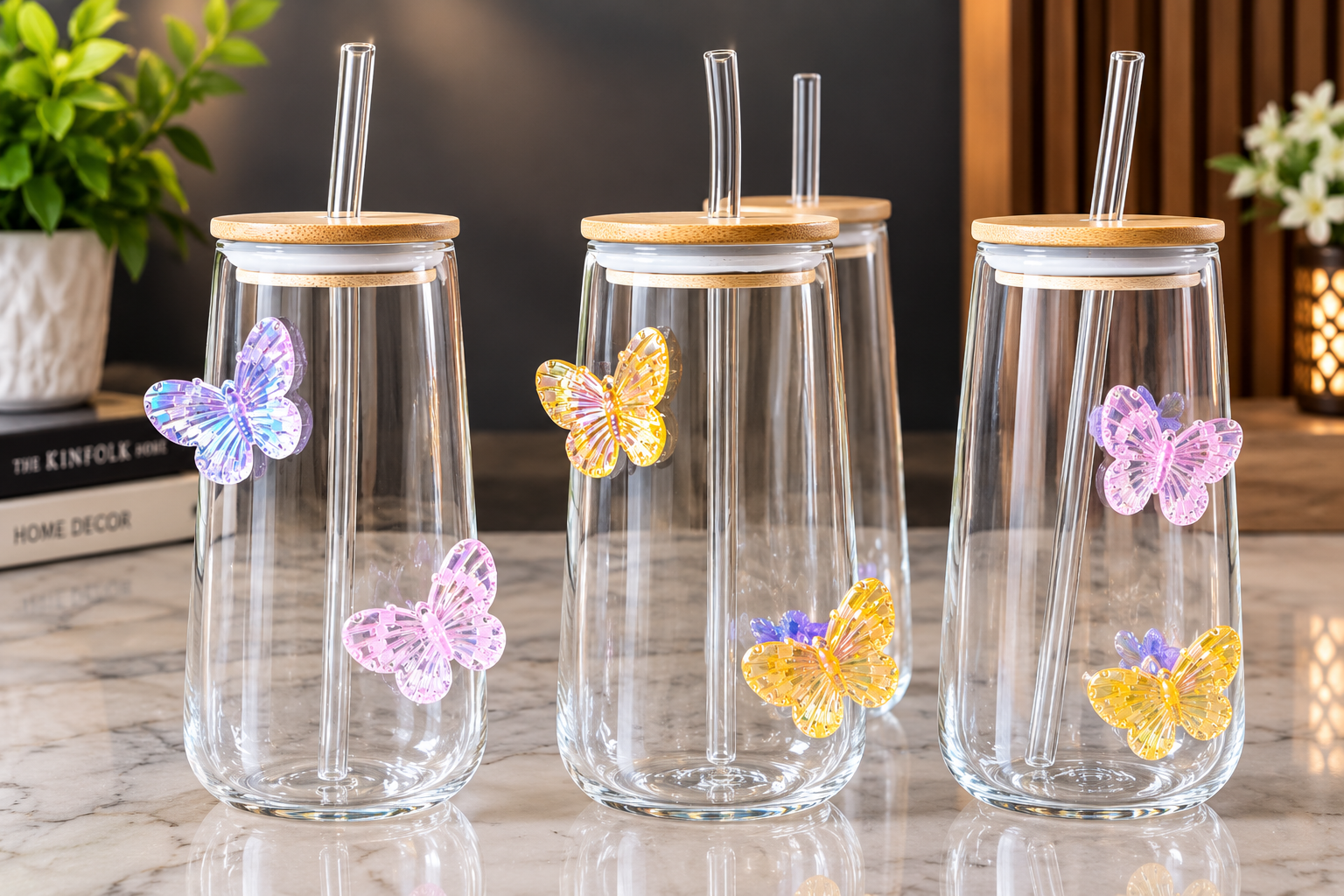 Aesthetic Glass Sipper with Wooden Lid & Straw